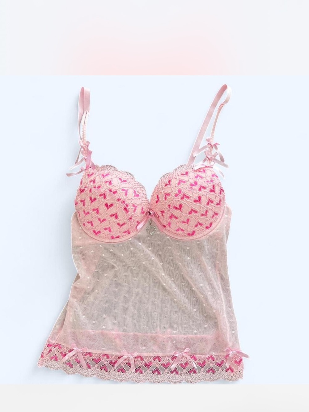 Pink lace heart bows lingerie top with heart charm